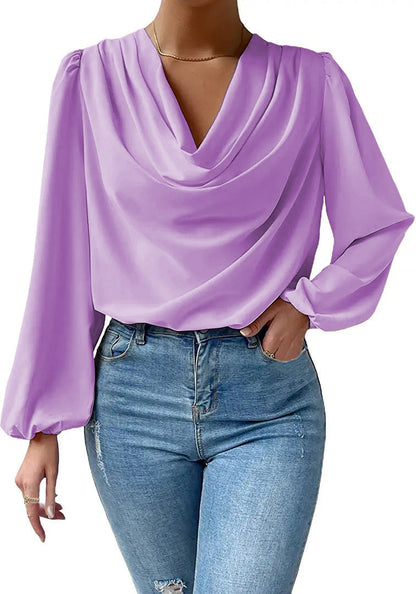 Lea - Women's Elegant Chiffon Blouse with Dove Collar and Long Sleeves