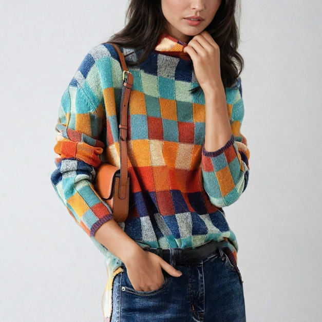 Vanessa - Women's Fall Colorful Patchwork Turtleneck Sweater