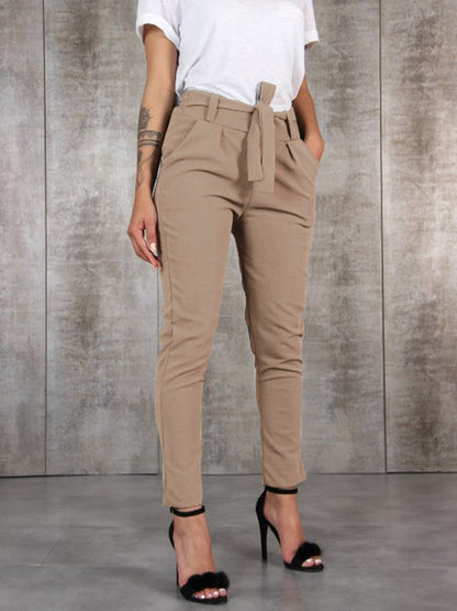 Valérie - Silk chiffon slim-fit pants with elastic waistband and waist tie