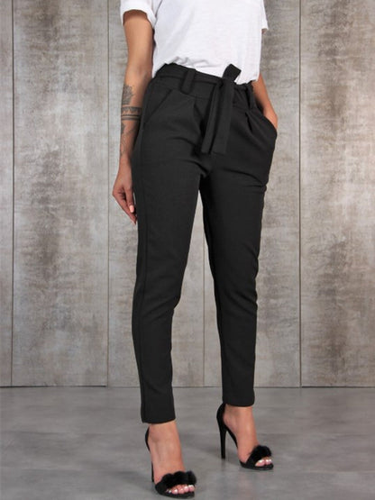 Valérie - Silk chiffon slim-fit pants with elastic waistband and waist tie