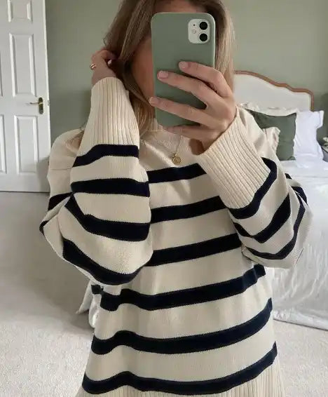 Tina - Elegant Women's Fall White Black Striped Knit Sweater