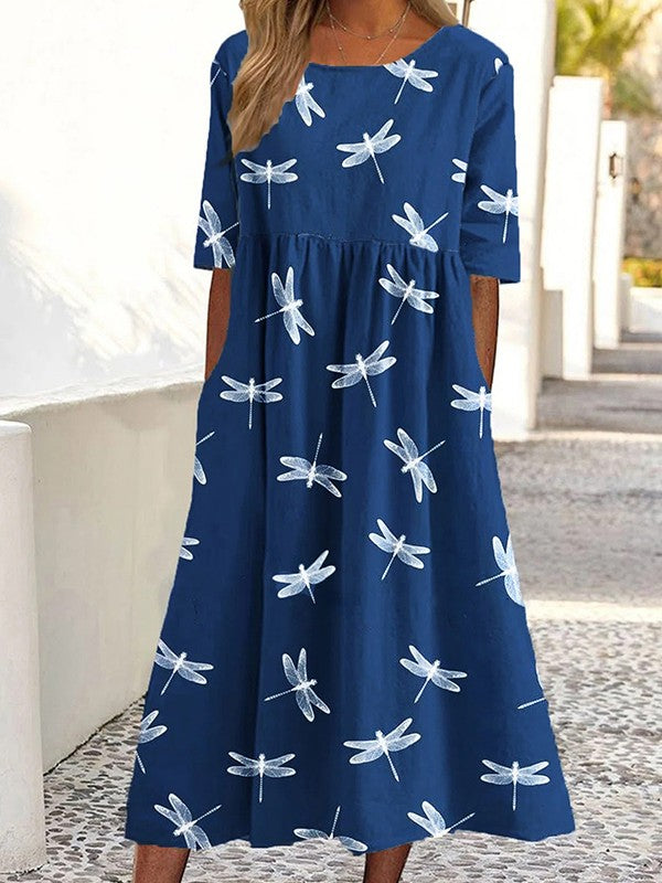 Sophine - Short-sleeved round dress with dragonfly print.