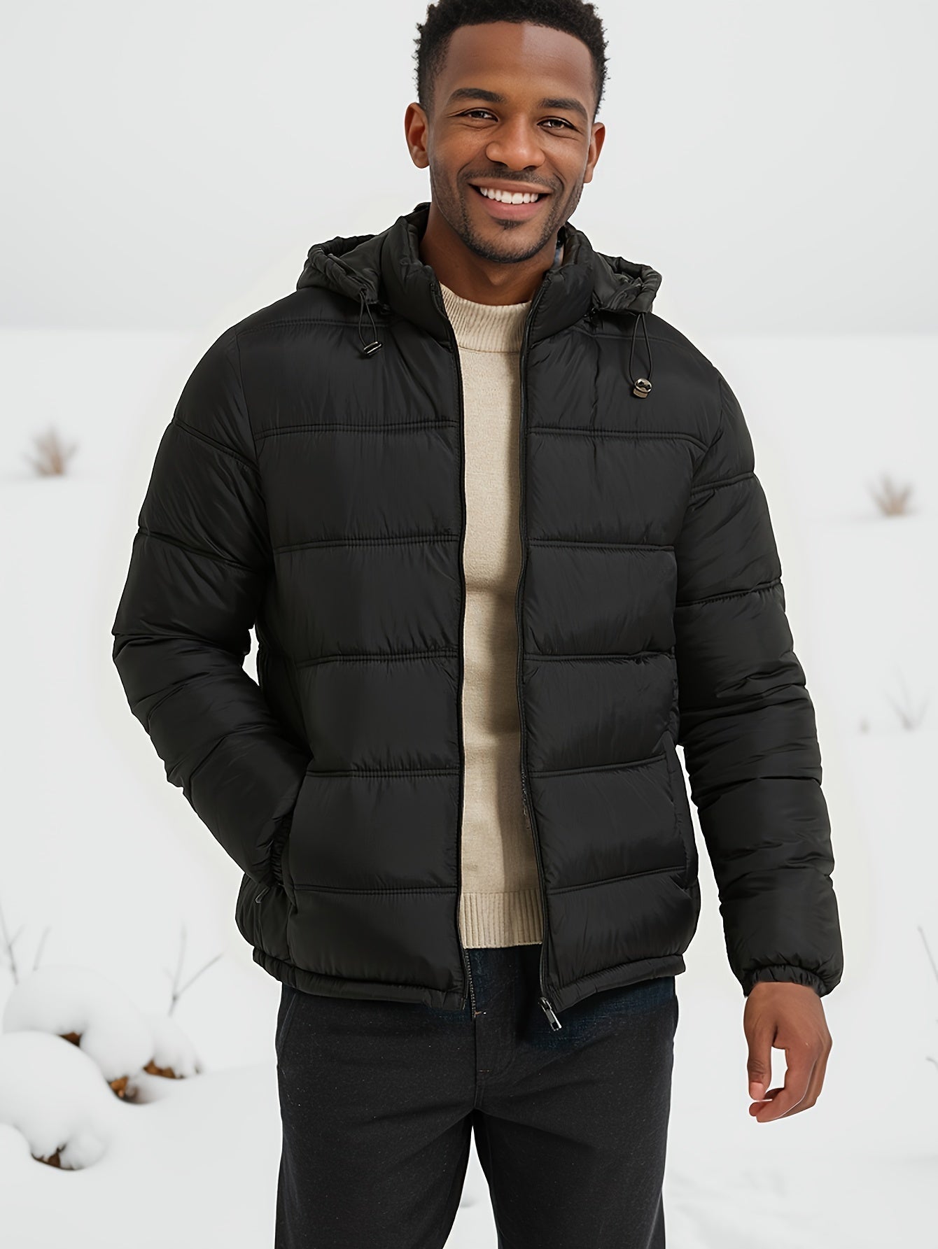 Casual black puffer winter jacket with zipper and hood for men | Ideal for fall/winter