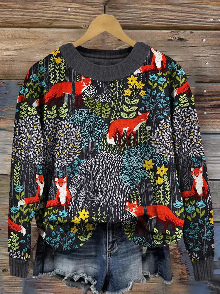 Wyrna Sweater | Vintage Forest Fox Print Knitted Sweater