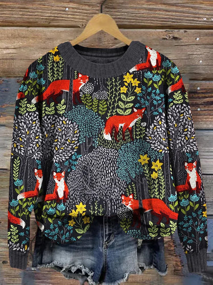 Wyrna Sweater | Vintage Forest Fox Print Knitted Sweater