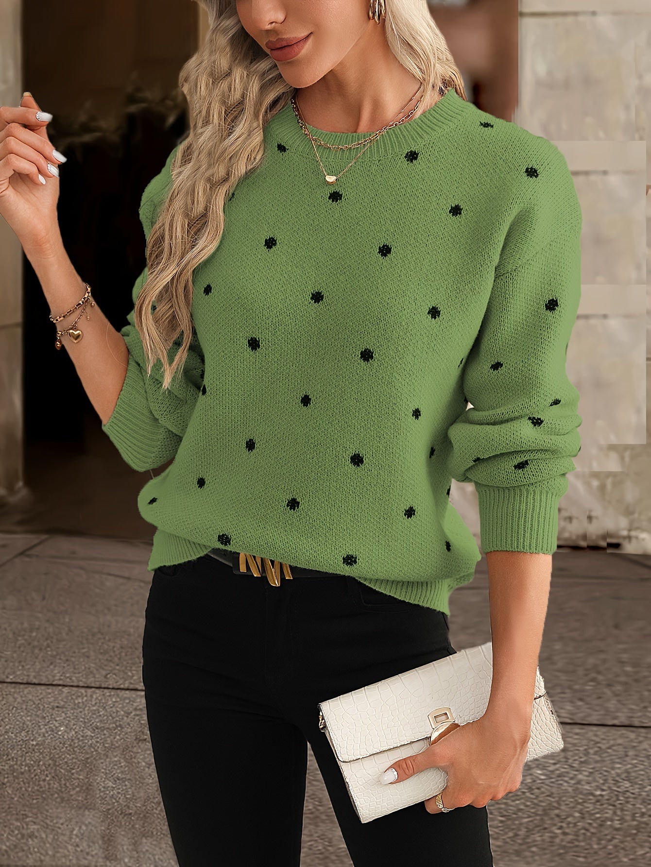 Adeline Women's Knitted Round Neck Sweater with Polka Dot Pattern