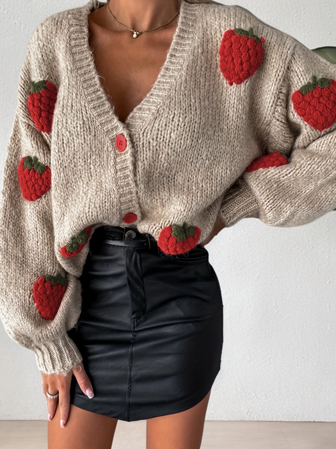 V-neck Ladies sweater | strawberry pattern - long sleeves - fall/winter