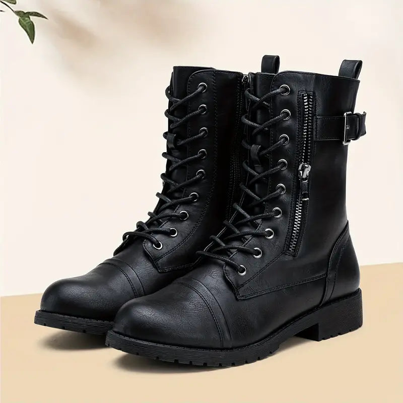 Fashionable Lace-Up Boots with Zipper on the Side