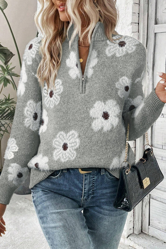 Xanah Sweater | Floral pattern half-zip sweater