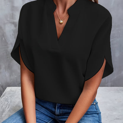 Lotte | Plain blouse with notch lapels and short sleeves