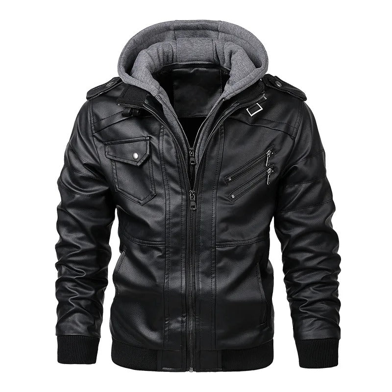 Warm leather jacket with hood for men | Perfect for outdoor activities