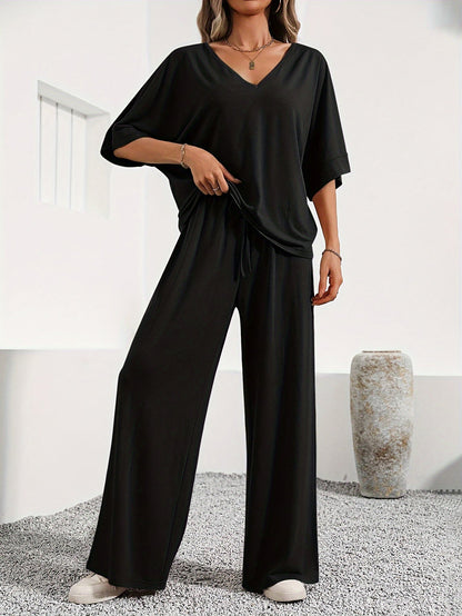 Elise - Women's V-Neck Lounge Set with Wide Leg Pants