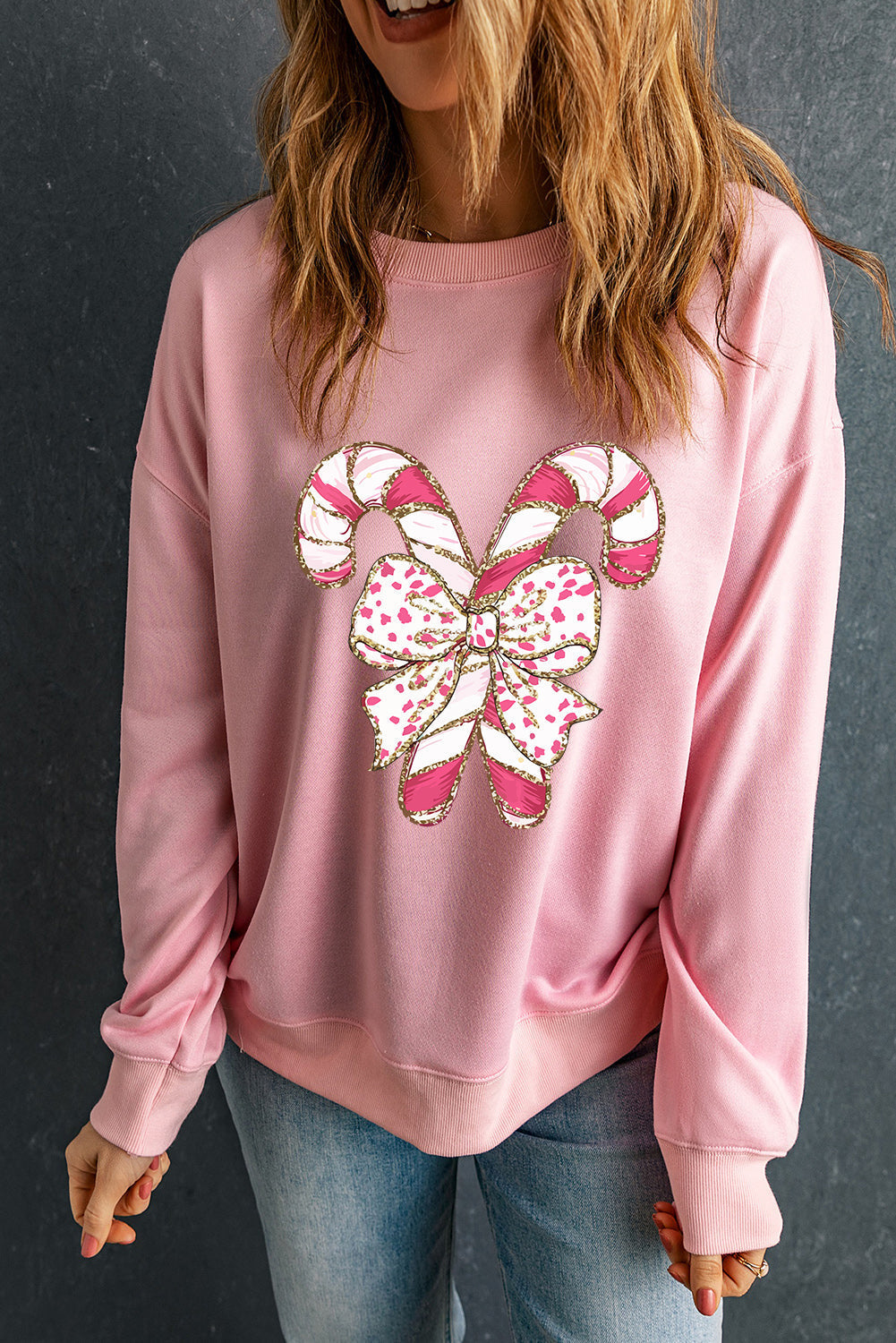 Claire - Dropped Shoulder Sweatshirt with Christmas Graphic and Pink Bow