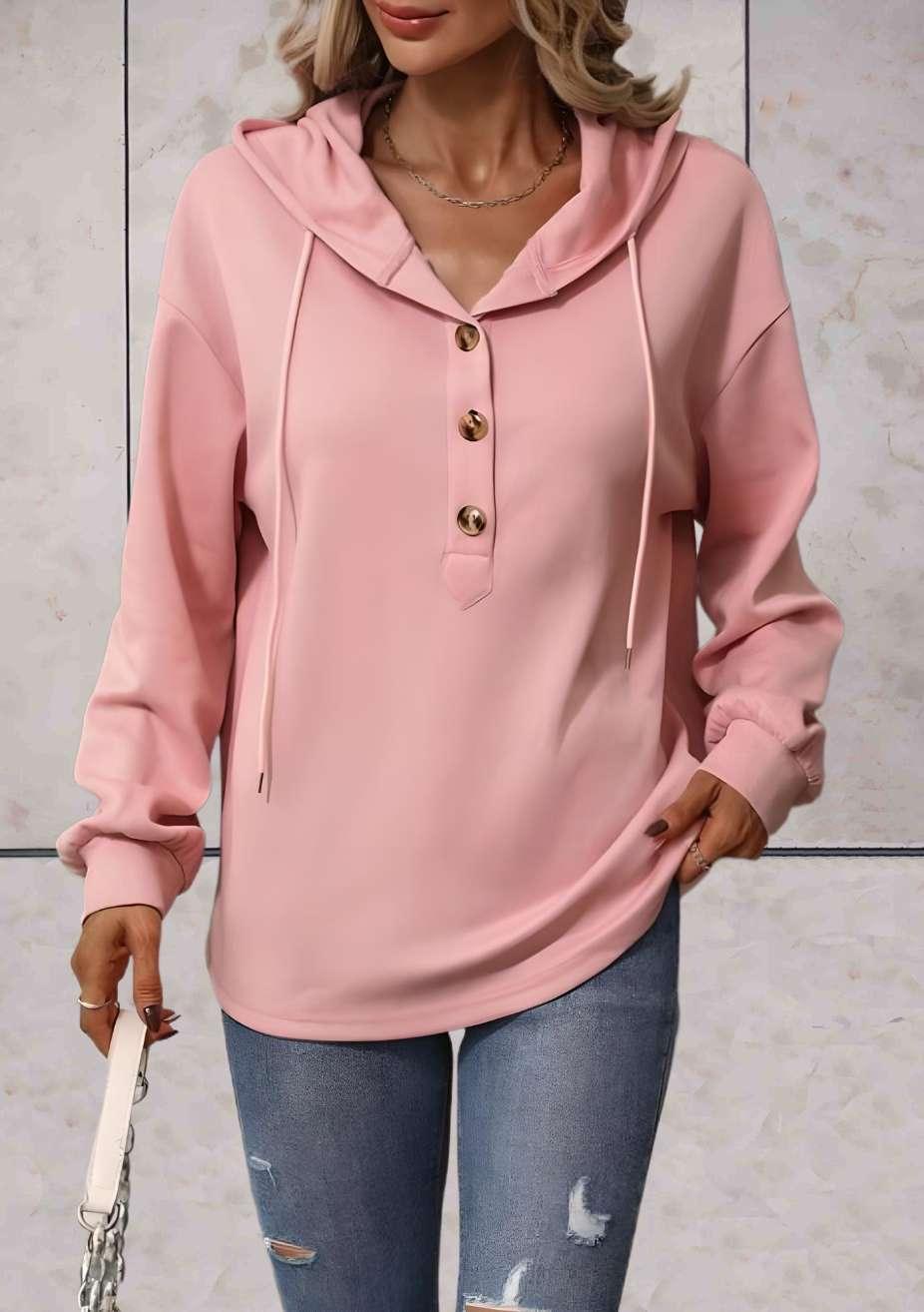 Jess | Long One Color Hoodie With Button Patterns On The Front