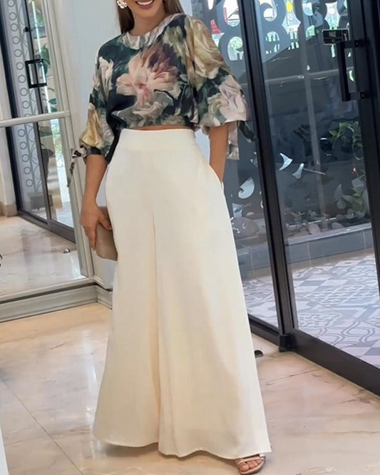 Women's floral print top and wide leg pants set