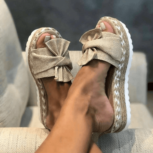 Kamiyah Sandals | Woven Wedge Heel Summer Sandals with Bow Detail