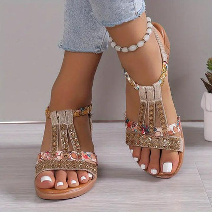 Kandace Sandals | Boho Wedge Sandals with Braided Strap and Rhinestones