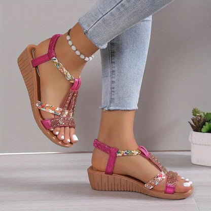 Kandace Sandals | Boho Wedge Sandals with Braided Strap and Rhinestones