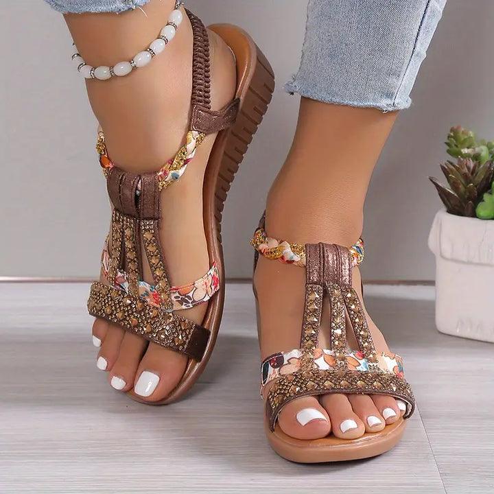 Kandace Sandals | Boho Wedge Sandals with Braided Strap and Rhinestones