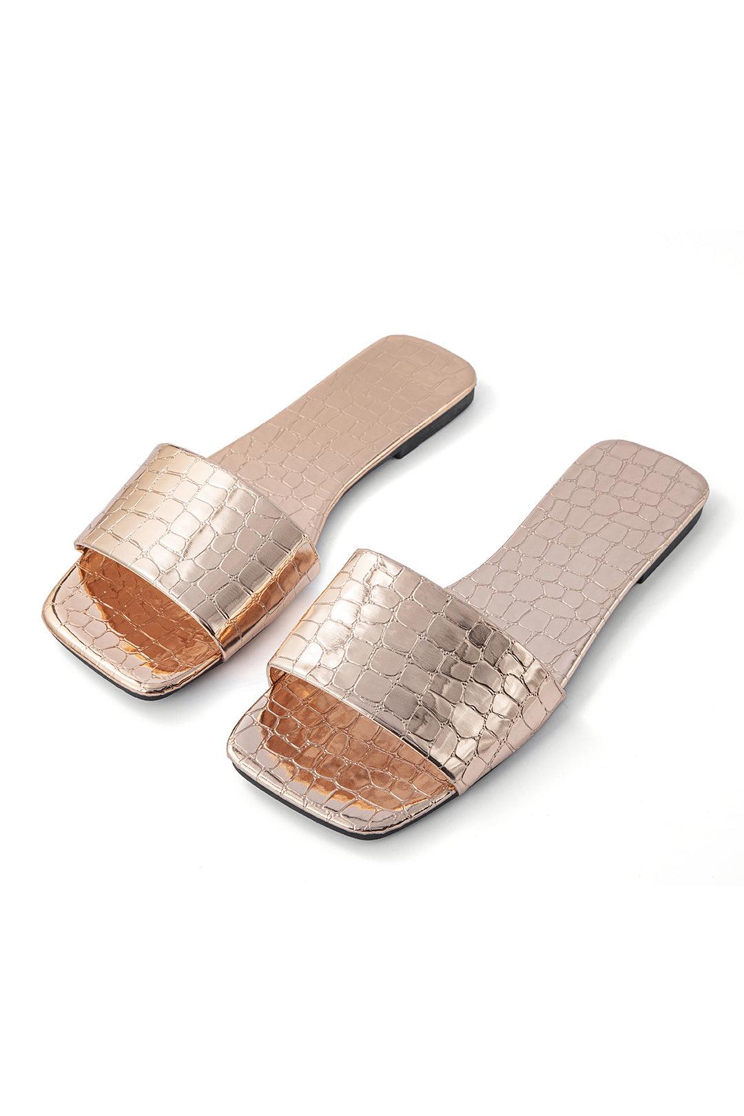 Kandiss Sandals | Metallic Flat Sandals with Crocodile Print