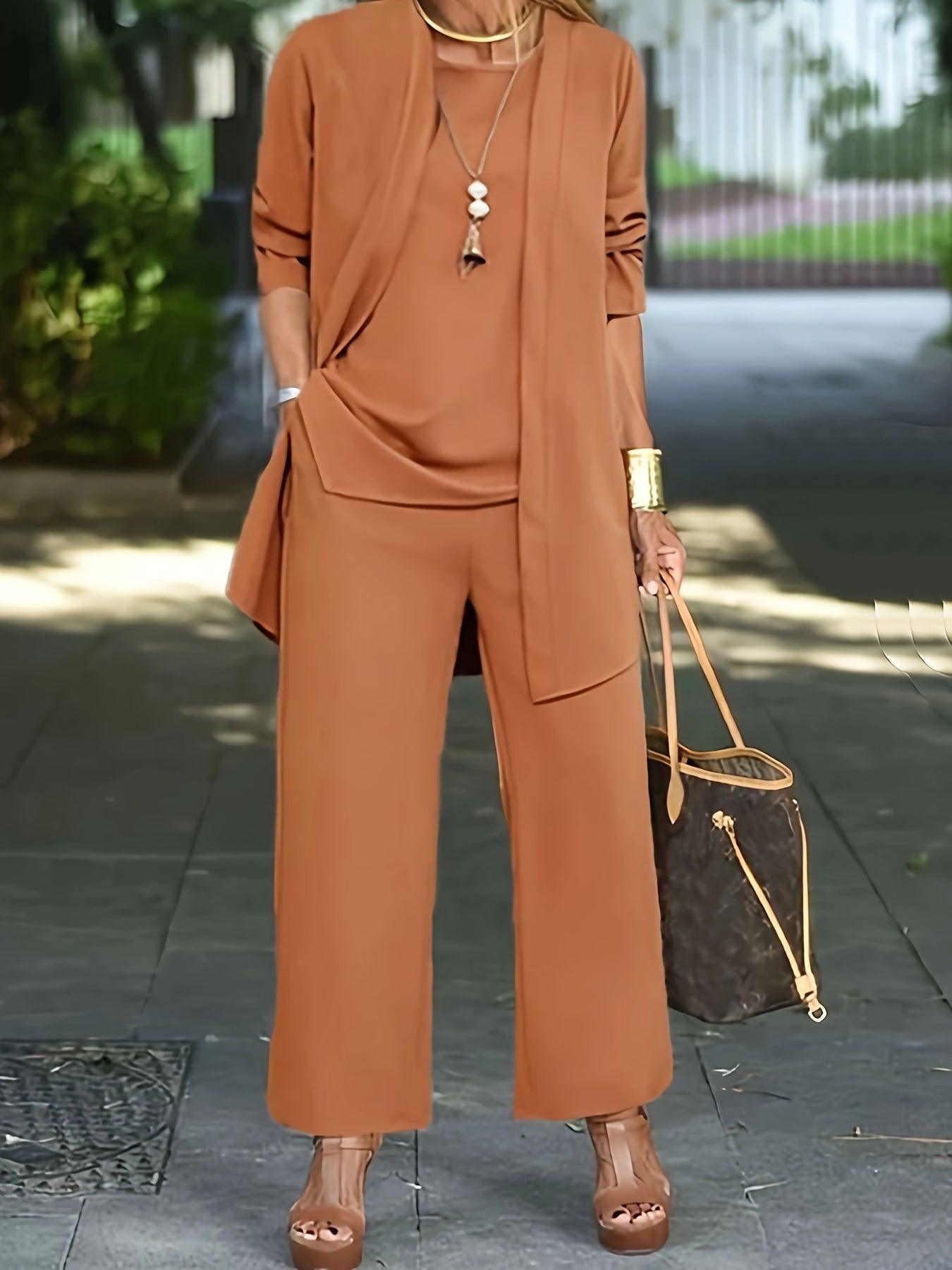 Khandra Set | Casual Three-Piece Set with Long Sleeve Cardigan and Wide Pants