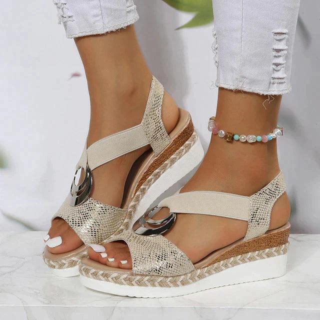 Lanette Sandals | Orthopedic Wedge Heels with Elastic Straps and Metal Accent