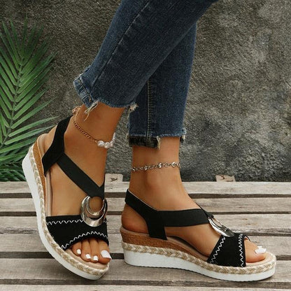 Lanette Sandals | Orthopedic Wedge Heels with Elastic Straps and Metal Accent