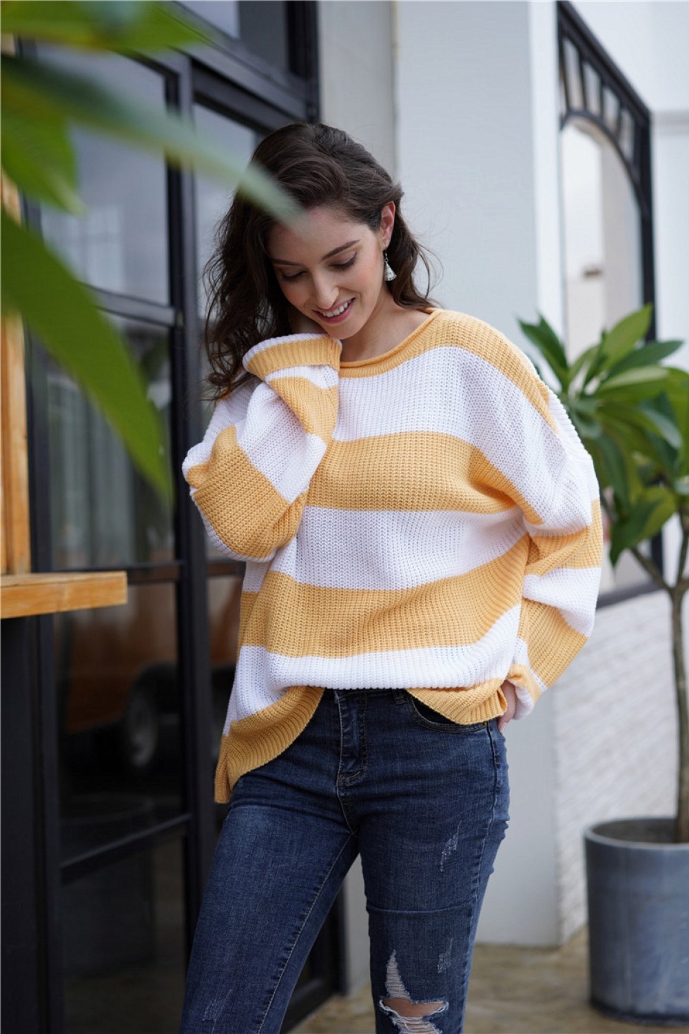 Striped round neck sweater for women