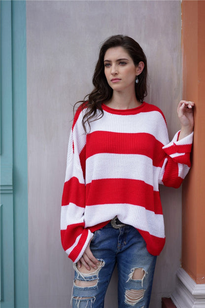 Striped round neck sweater for women