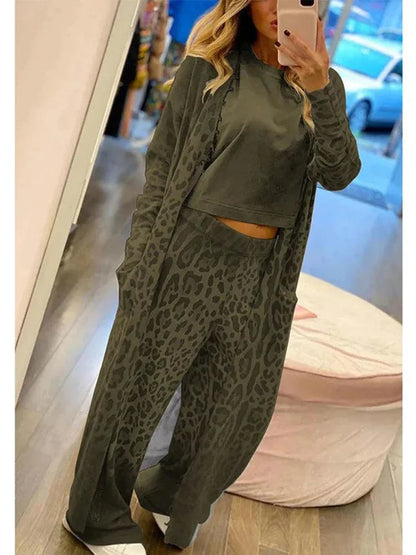 Lyka Set | Casual Long Cardigan and Wide Pants Set with Leopard Print