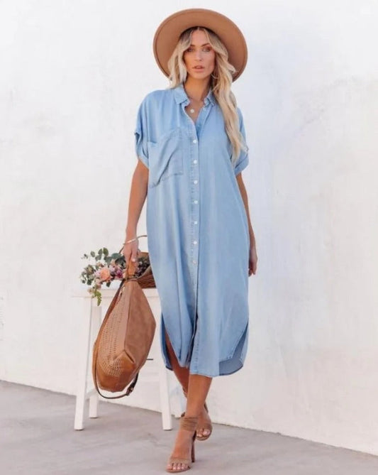 Emily - Short-sleeved denim shirt dress