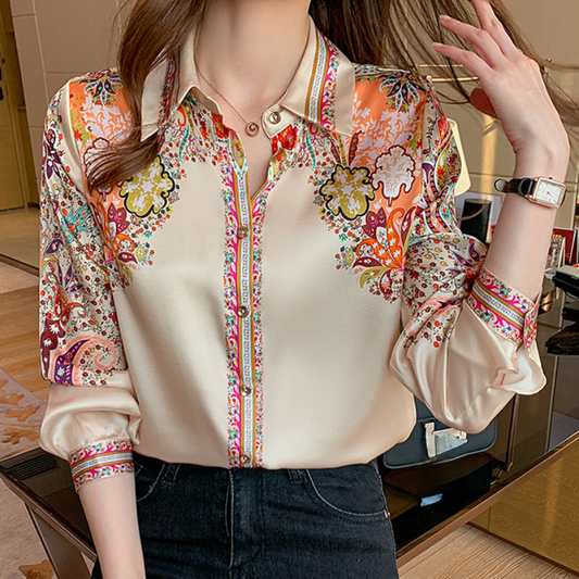 AMBER - Satin blouse with floral motif