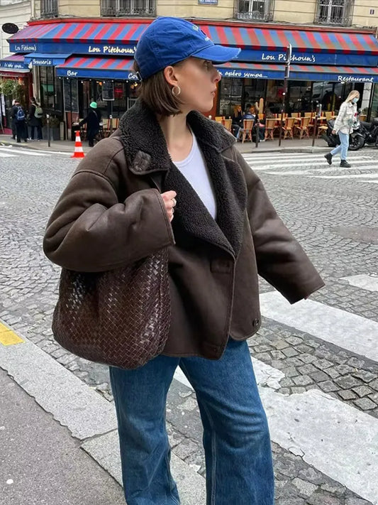 Women's brown oversized coat with teddy