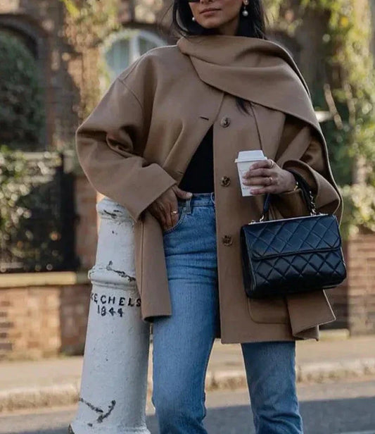 Camel coat with scarf