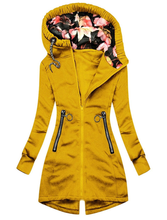 Fashionable rain jacket with high collar, zipped pockets and printed hood for women | Ideal for fall/winter