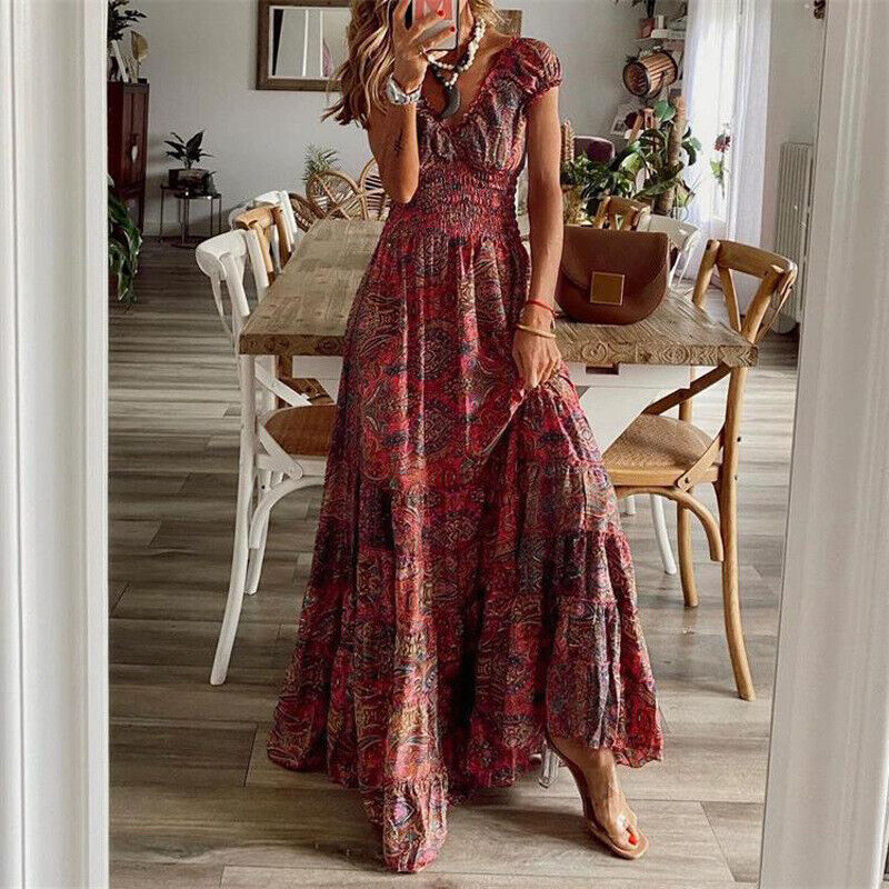 Adeline - Waist-hugging long dress in bohemian style.