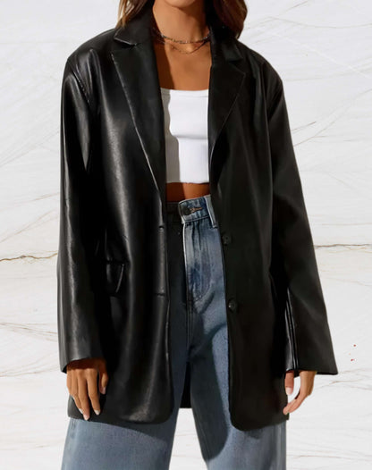 mid-length leather jacket with lapel collar - Teodora