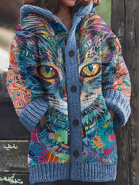 Jess | Casual Comfortable knitted hoodie cardigan with cat pattern