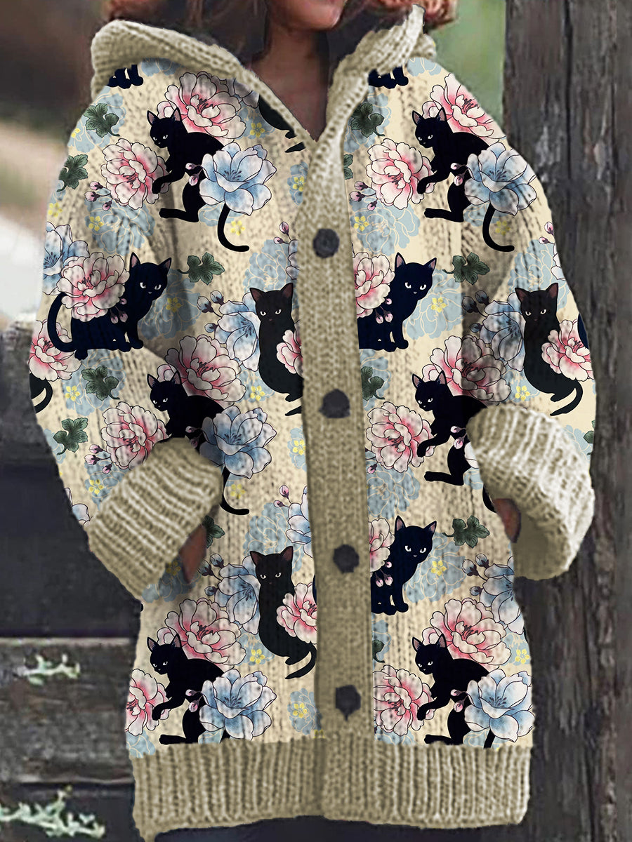 Jess | Casual Knitted Hoodie Cardigan With Black Cat Flower Pattern For Women