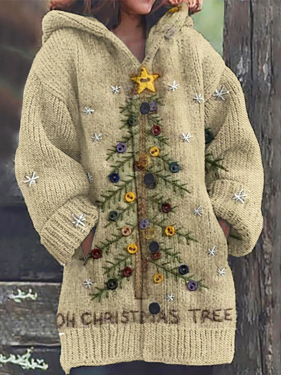 Jess Fashion | Embroidered Seamless Christmas Tree Print Thick Button Long Sleeve Hoodie Cardigan