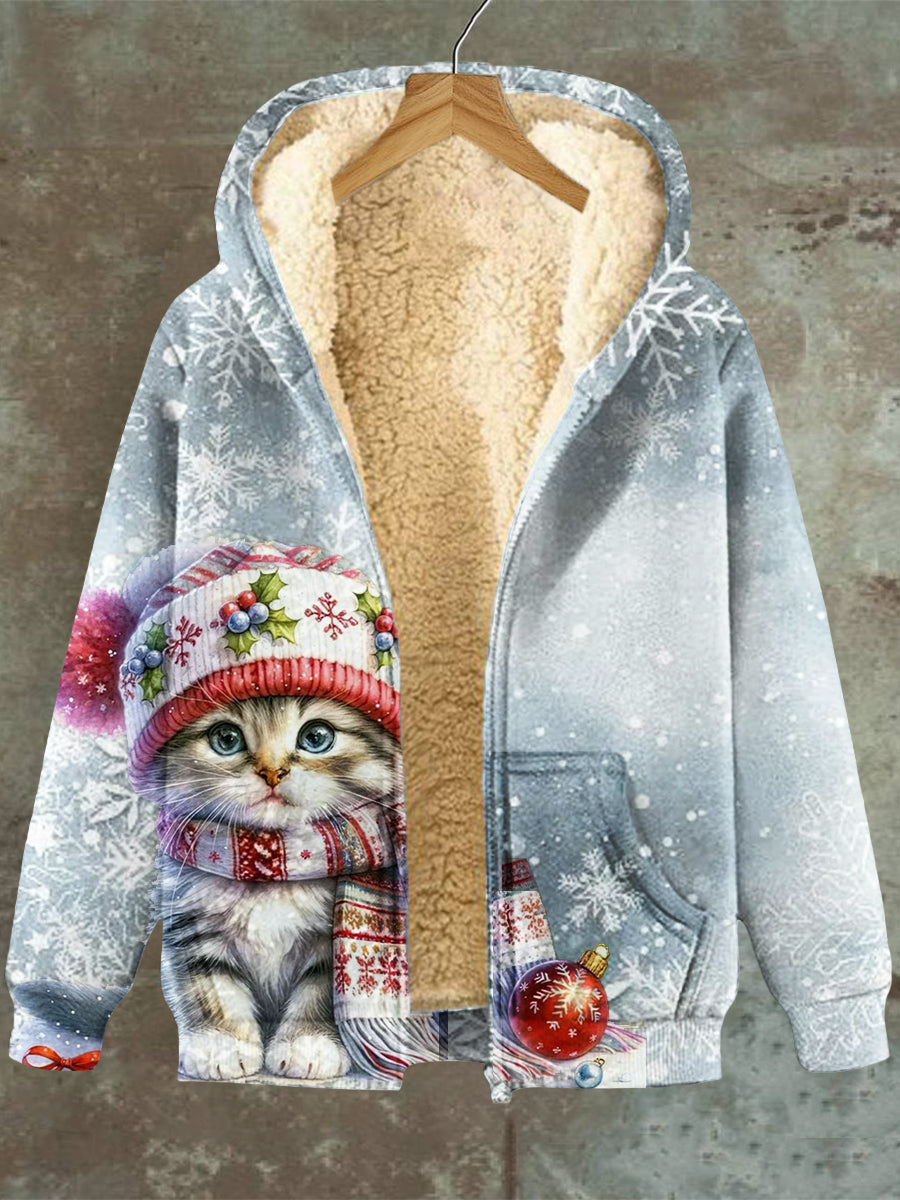 Jess | With Snowflake Cat Pattern Hoodie With Zipper Fleece Sweatshirt Jacket