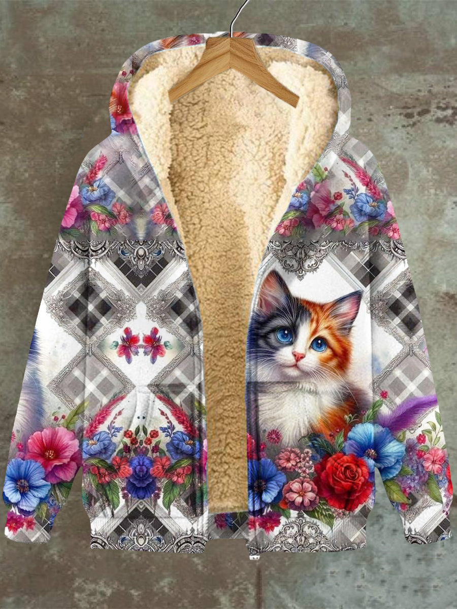 Jess | Ladies Hoodie with Cat Flower Pattern Pocket Zipper Fleece Sweatshirt Jacket