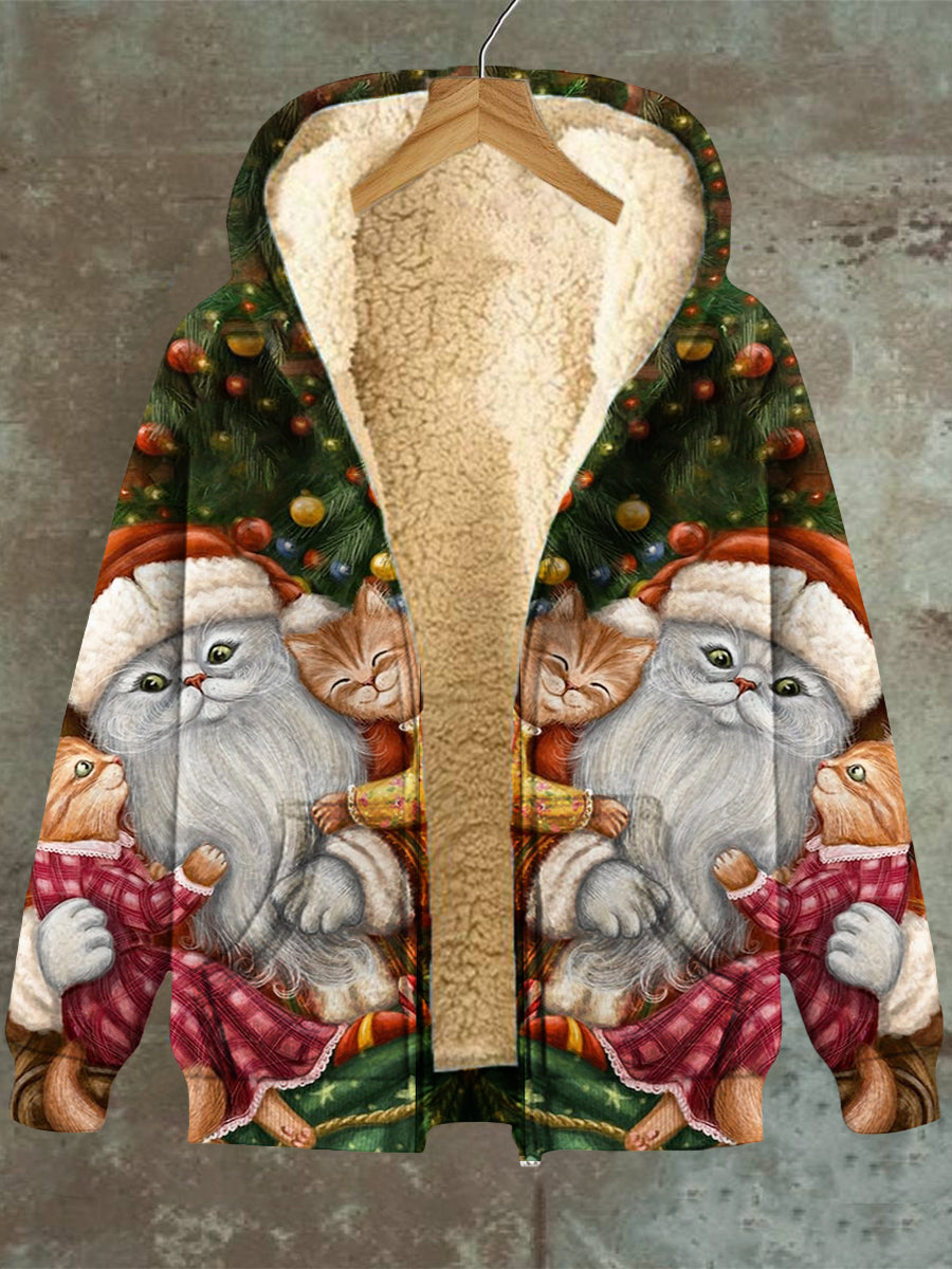 Jess Fashion | Christmas Cat Graphic With Hood Pocket Zipper Fleece Sweatshirt Jacket