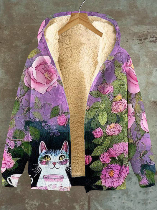 Jess | Flowers Cat With Hood Pocket Zipper Fleece Sweatshirt Jacket Ladies