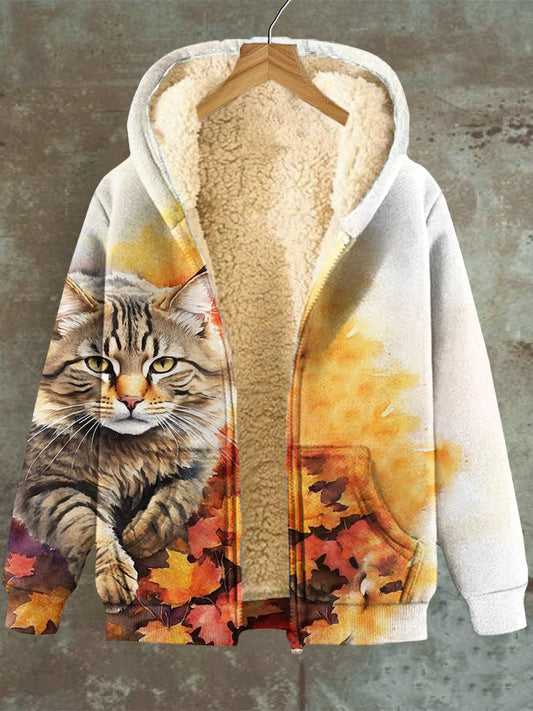 Jess | Fleece-Hoodie with zipper pocket Cat Maple Leaf