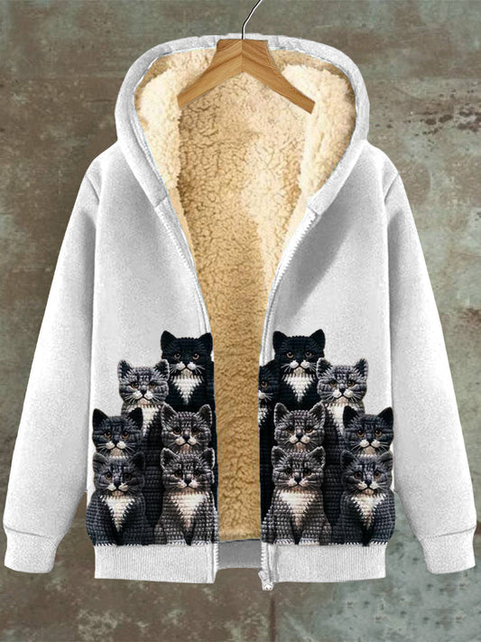 Jess Fashion | Cat Pattern Hooded Pocket Zipper Fleece Sweatshirt Jacket For Women