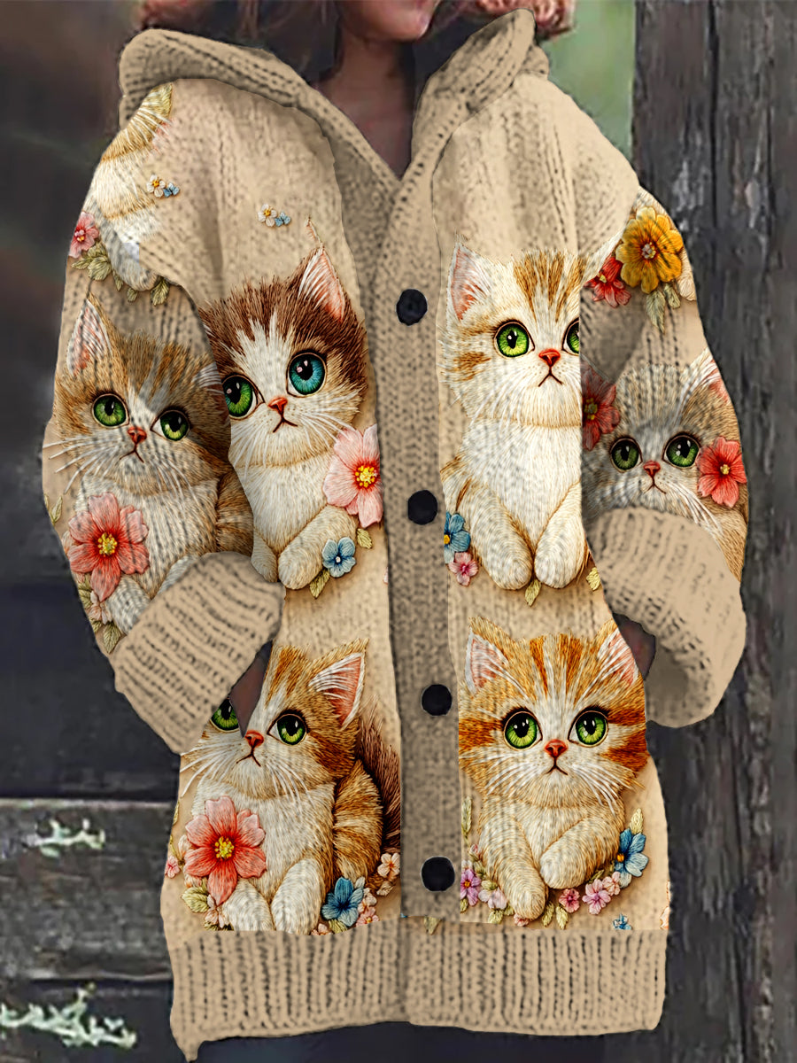 Jess | Hoodie Cardigan with long sleeves retro art cat buttons