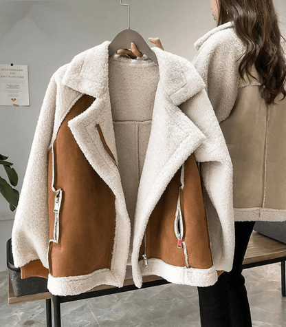 Chic, cozy, stylish teddy winter jacket made of faux lambskin for women