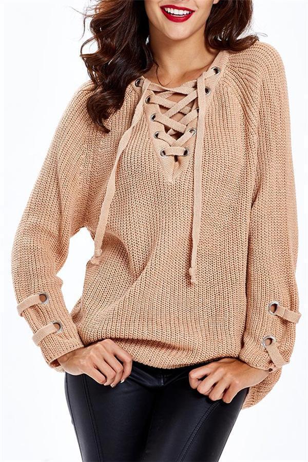 Striped V-neck bandage sweater for women