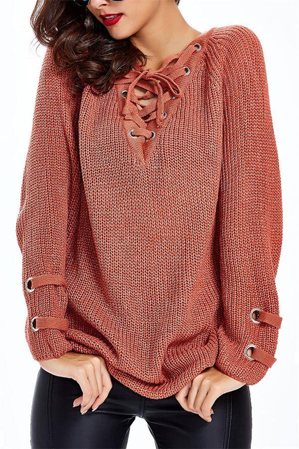 Striped V-neck bandage sweater for women